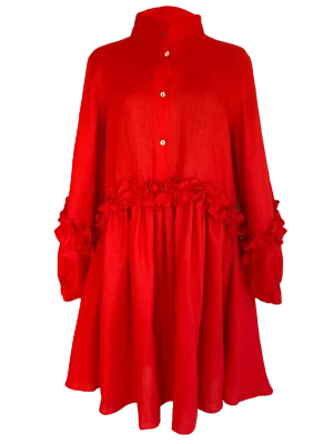 Vestido de Lino con botones al frente, detalles de olanes hechos a mano en manga y cintura